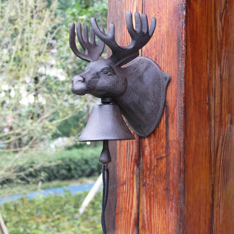 UMEKO Heavy Duty Cast Iron Wall Mounted Bell Retro Reindeer Head Big Size Hand Shaking Hanging For Home Front Door Church School