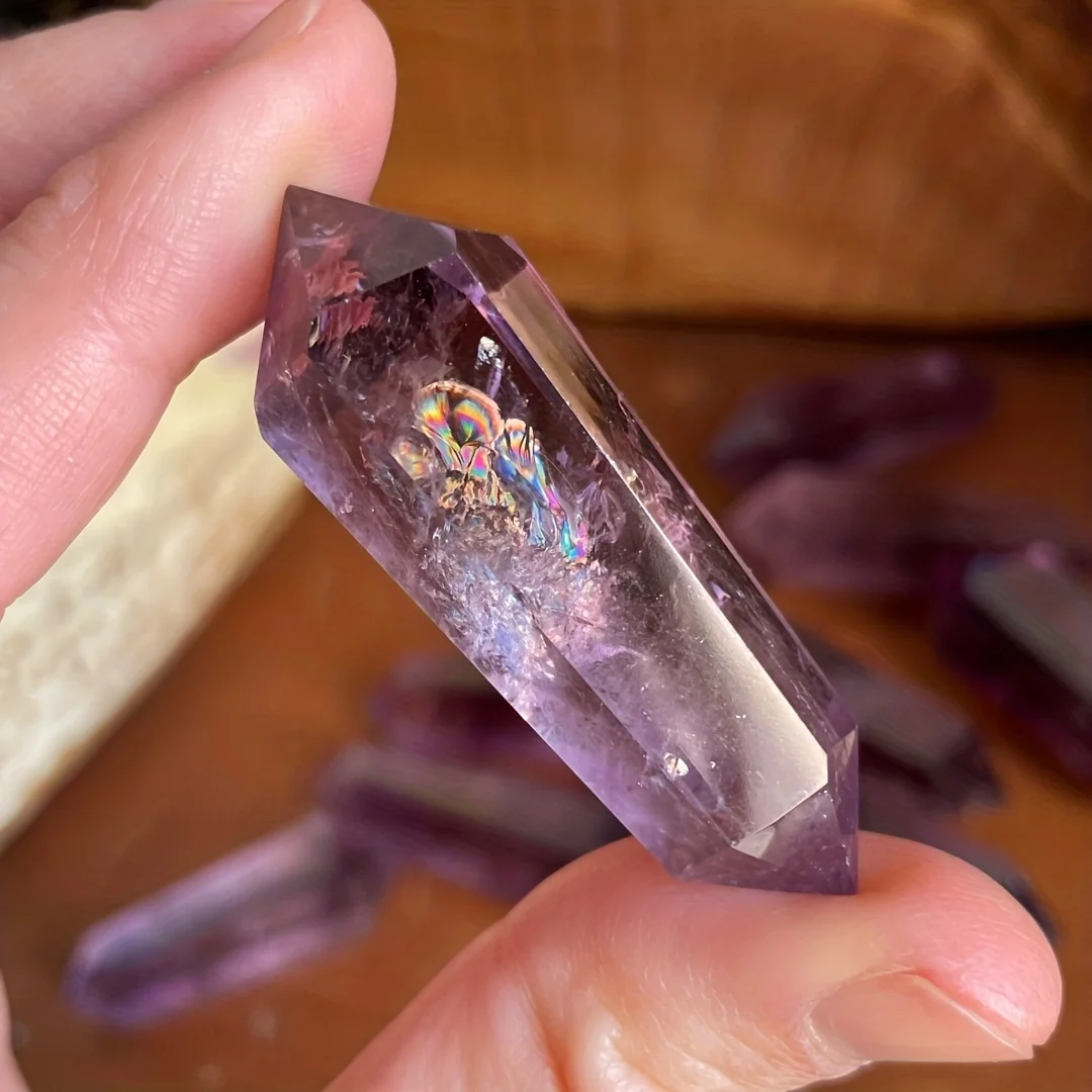 One natural deep purple to violet hexagonal prism crystal pillar - a natural deep purple/violet double