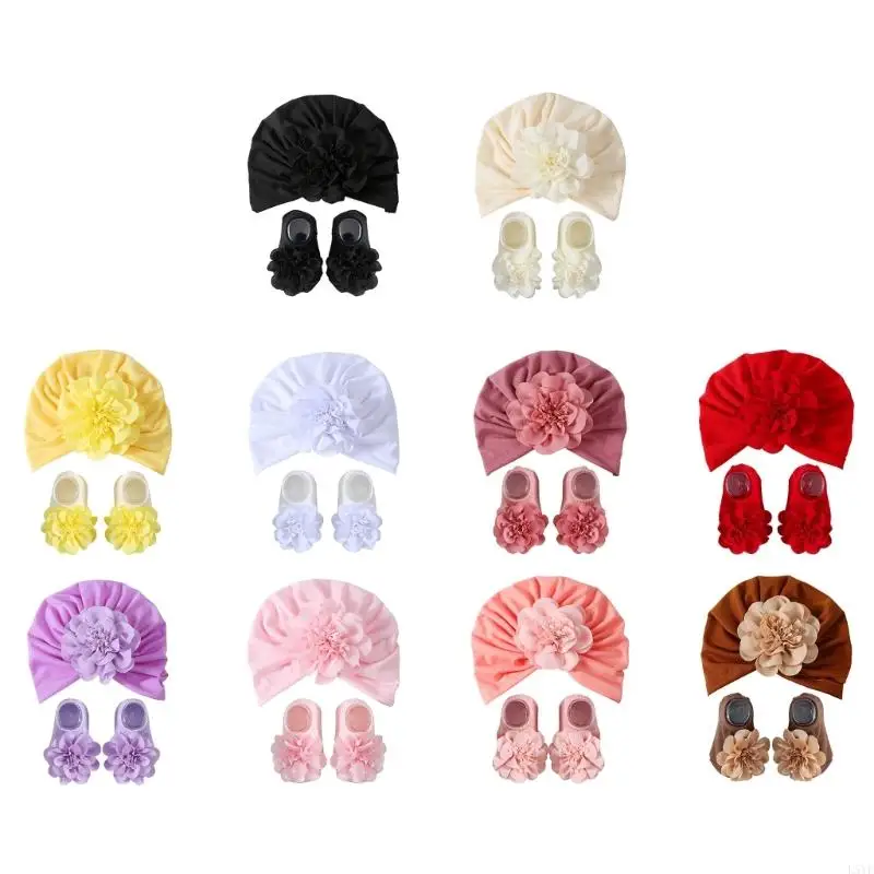 L5YF 0-1Y Baby Socks Flower Hat Elastic Turban Hat NonSlip Floor Socks Skin Friendly Newborns Foot Warmer Turban Hat 2PCS