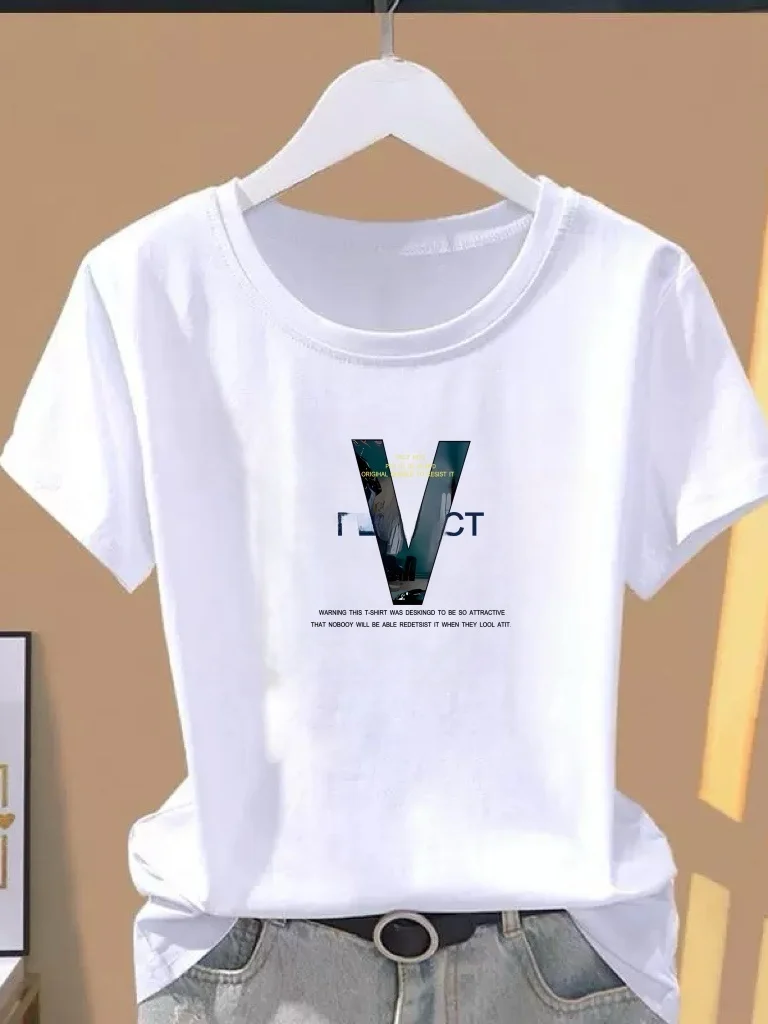 

Fashionable Short Sleeve Printed T-Shirt round Neck Thin Style Summer New Arrival Women's Casual Top Breathable Polyester Fiber