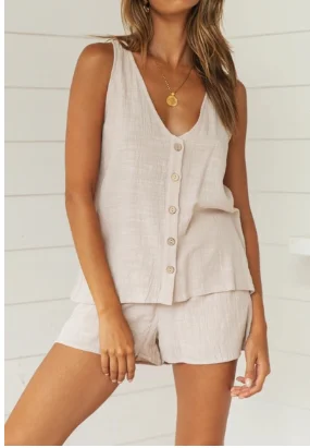 ノースリーブの女性用ショートセット,Vネックブラウス,カジュアルタンクトップとショーツ,ビーチスーツ,サマーファッション,2個