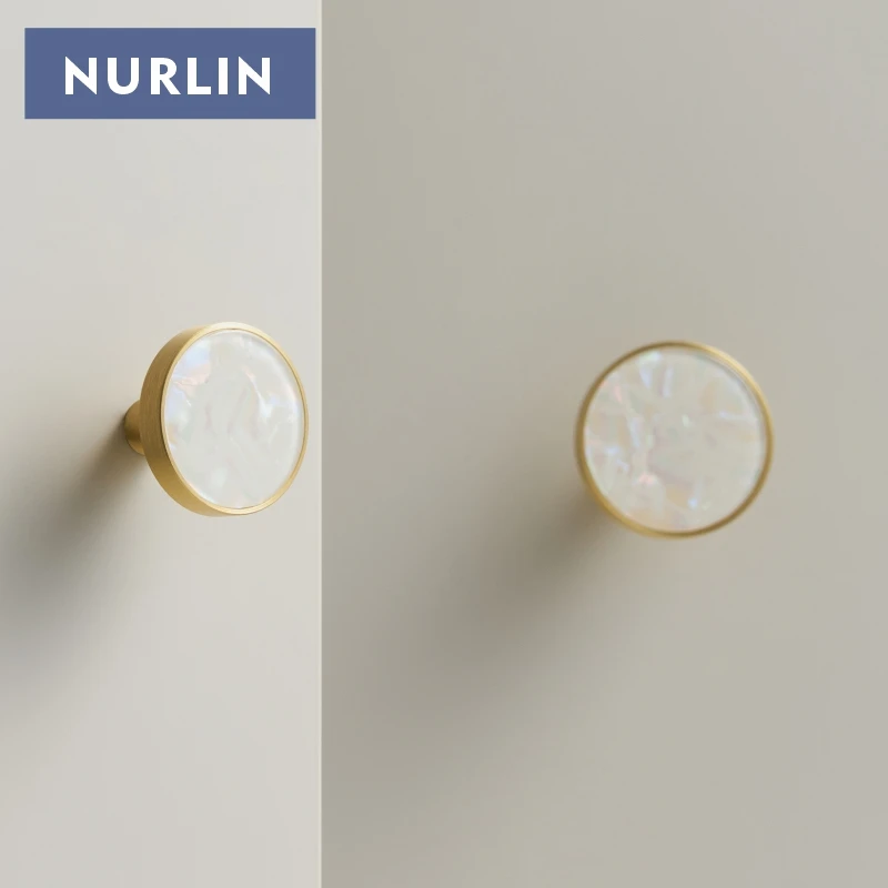 Nurlin Brass Colorful Round White Pink Shell Color Cabinet Wardrobe Furniture Knobs Long Series Handles