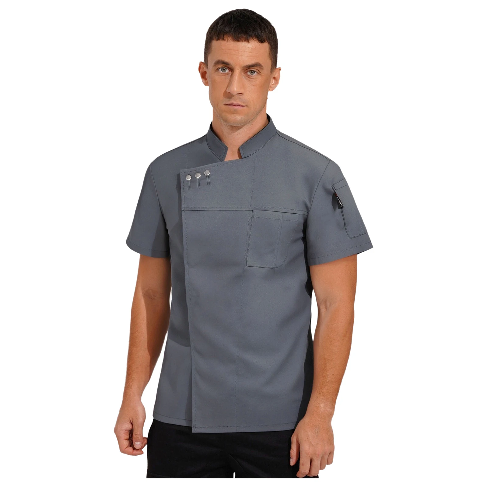 Unisex professionele chef-kok jas keuken werkuniform opstaande kraag korte mouw drukknop top voor restaurant hotel café bakkerij