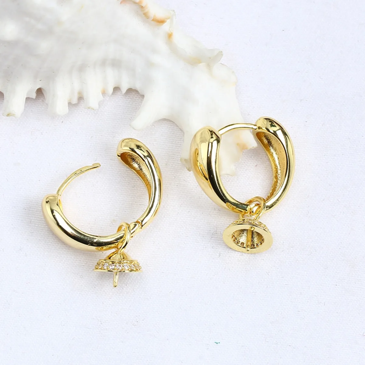 Elegant Women Brass 14K Gold‑Filled Large Pearl Blank Setting Handmade Findings For DIY Hoop Huggie Stud Earring