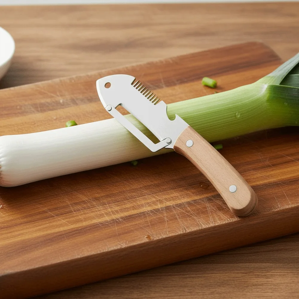 2 Piece Fish Head Shape 3 in 1 Vegetable Peeler Non-slip Ergonomic Wood Handle Bottle Opener Stainless Steel Scallion Slicer