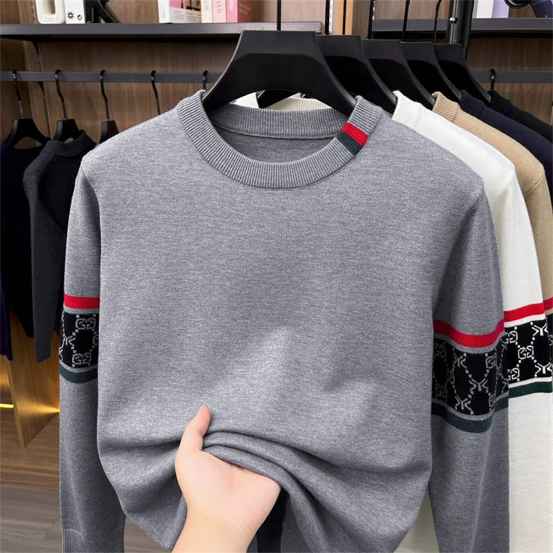 High end Brand round neck sweater men's new trendy letter jacquard design European casual autumn winter warm knitted pullover