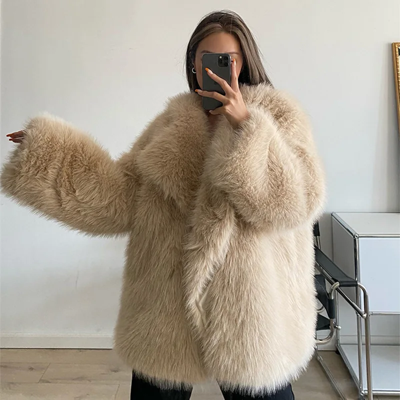 [EWQ] Korean Flully Faux Fur Coat Big Lapel Design Women Winter Keep Warm Furry High Street Fur Overcoats 2024 New Tide 16O3142