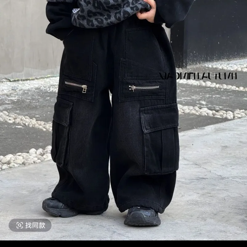 مجموعة أطفال جديدة لخريف وشتاء 2025، طقم مكون من قطعتين مزيف بطبعة الفهد للأطفال مع هوديي من الصوف والجينز مكون من قطعتين