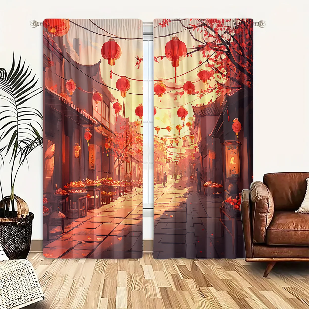 Ancient Town Red Lantern Curtain 2 Panels, Chinese Old Street Plum Blossom Warm Orange Print,Drapes for Bedroom New Year Curtain