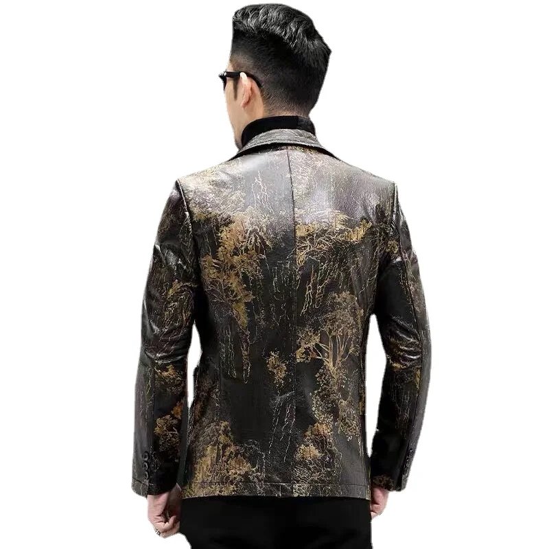 Natural Genuine Leather Men\'s Suit Jacket Sheepskin New Print Suit Fur Trendy Single Leather vest cuire homme men leather jacket