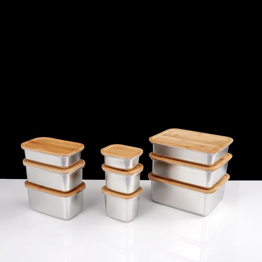 Hot 304 Stainless Steel Bamboo Covered Lunch Box Sealed Outdoor Bento Box Japanese Style Fresh-Keeping Box Refrigerated Storage