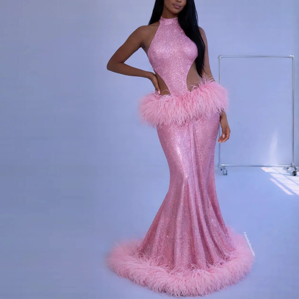 

Сексуальное вечернее платье с вырезом на талии и перьями по индивидуальному заказу, платье русалки для выпускного вечера с лямкой на шее, блестящее платье с рыбьим хвостом, платья de gala 2026