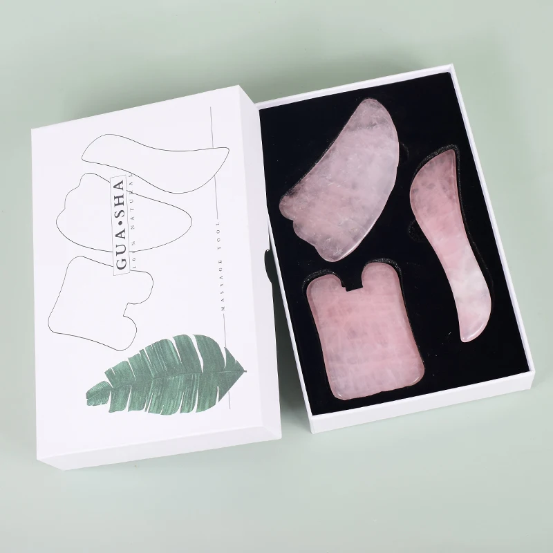 3pcs Rose Quartz Gouache Scraper Gua Sha Massage Set For Face Natural Gouache Stone Massage Tools Body Facial Jade Massager