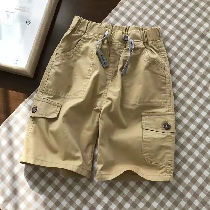 Summer Boys Clothing Casual Thin Fashion Trend All-match Solid Color Elastic Waist Spliced Pocket Drawstring Cotton Loose Shorts