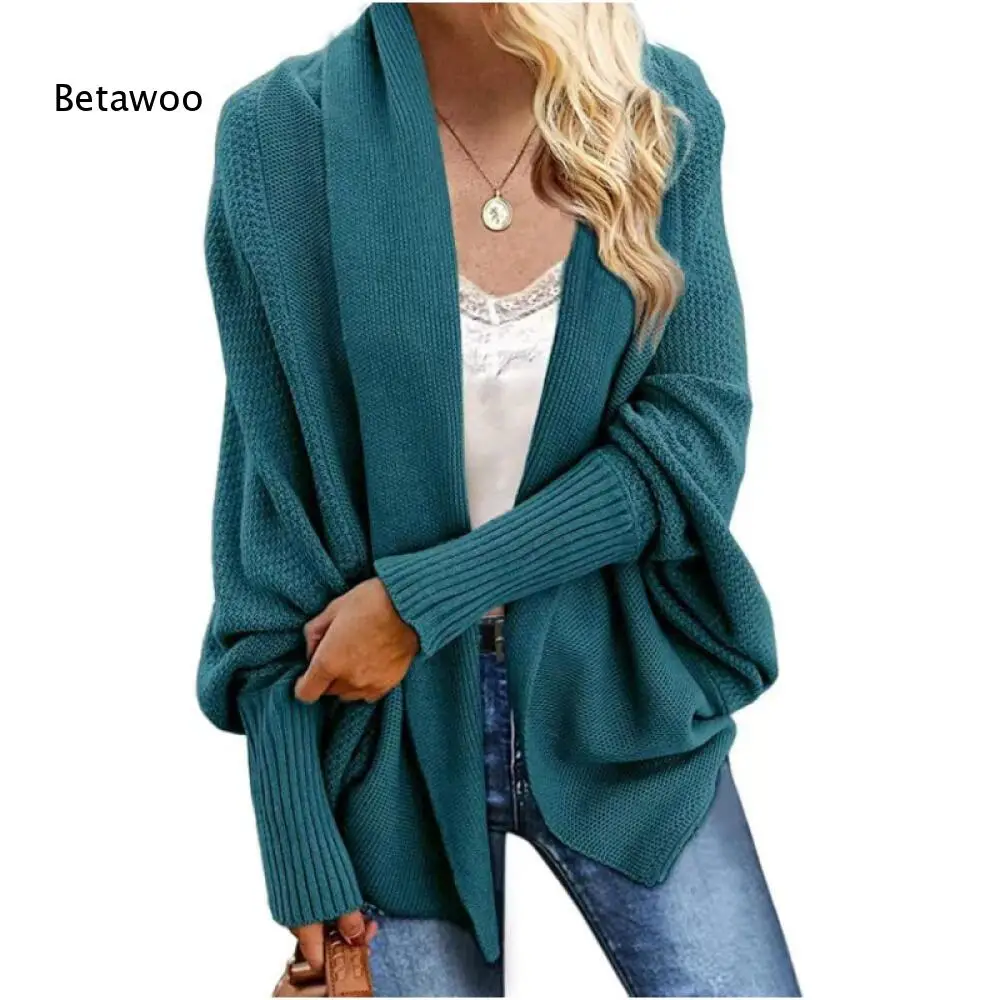 Dark Cyan Textured Knit Open Cardigan Ladies Wide Shawl Collar Dolman Sleeve Oversized Loose Daily Sweater Outerwear