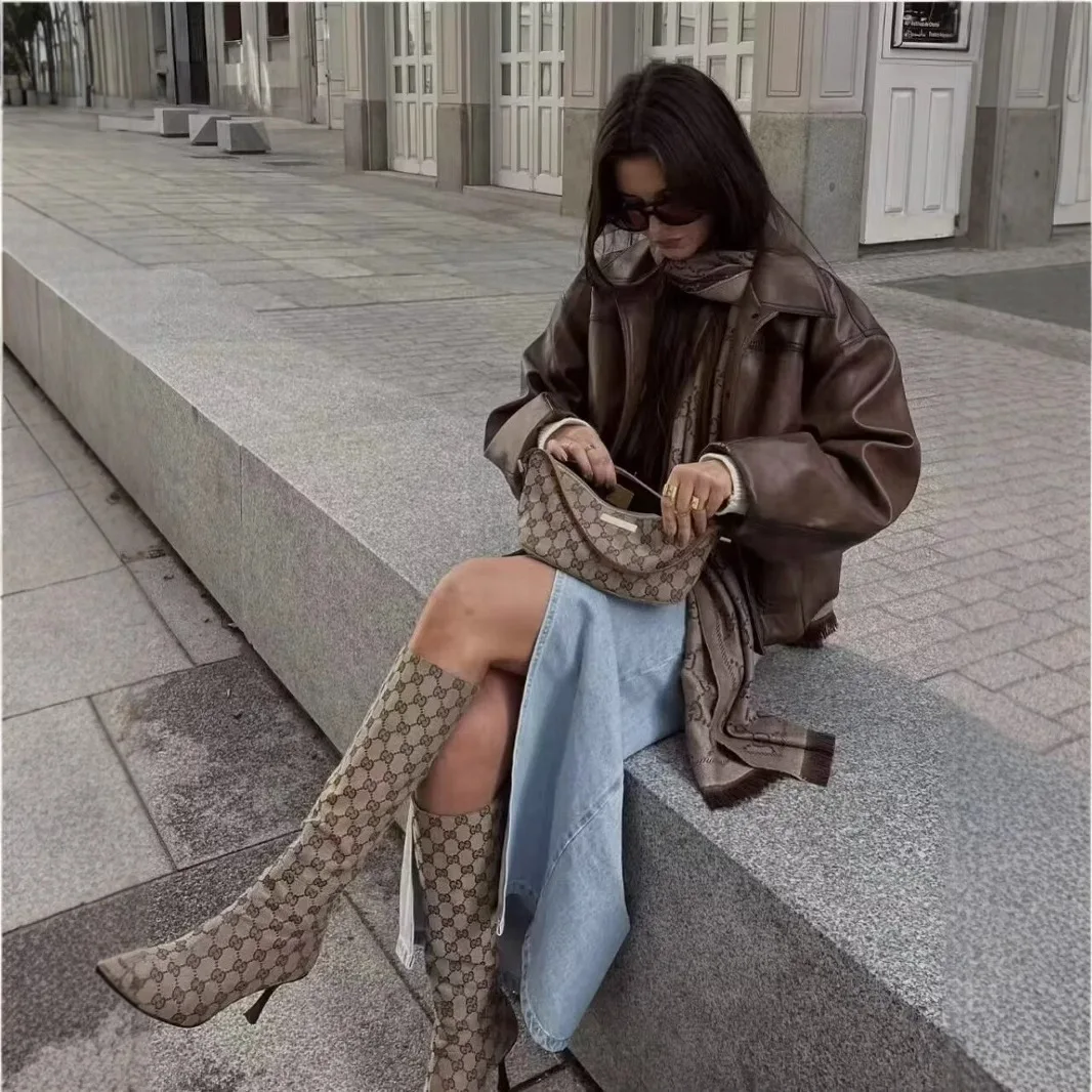 American Retro Motorcycle Wind Y2K Brown Leather Jacket Women's Coat