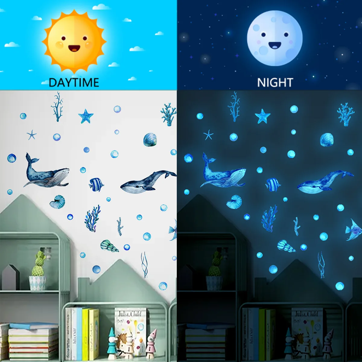 1 Set of Detachable Daterproof Self-adhesive Marine Animal Blue Luminous Wall Stickers Children\'s Room Decoration