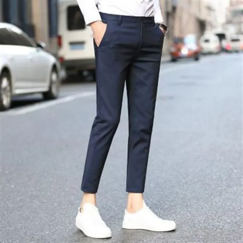 Slim Fit White Tressed Male Suit Trousers Business Social Tailoring Stretch Men's Summer Pants 9 Cropped Elastic Clothes Offer