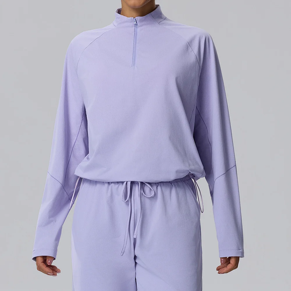 Women Autumn Winter Long Sleeve Sports Top Lightweight Quick Dry Waffle Stand Collar Half Zip Sweatshirt Fitness Casual Shirt