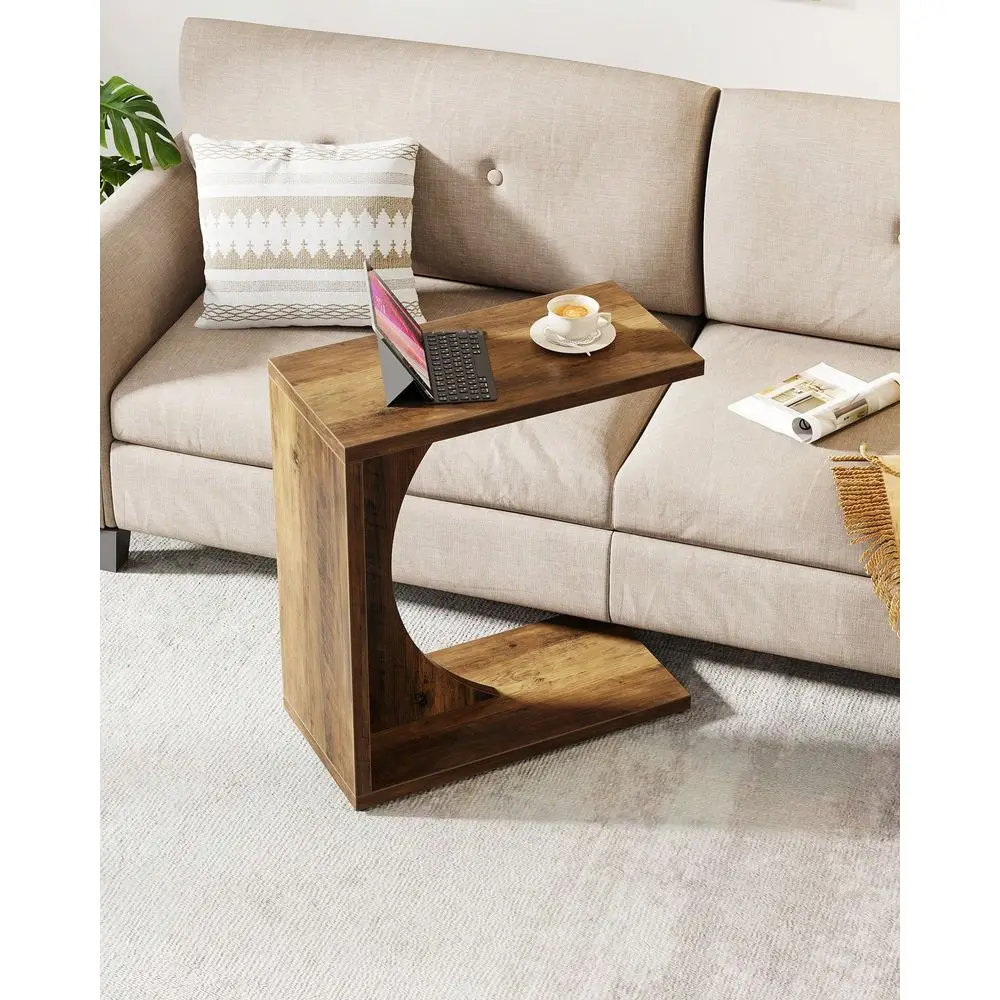 

CShaped End Table, Couch Table For Small Space, Small Sofa Side Table For Living Room, Bedroom, Rustic Brown