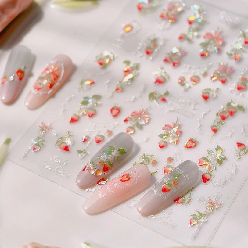 Morango retro renda borda flor adorável fruta pérola pingente folhas auto adesivo arte do prego adesivos manicure decalque atacado
