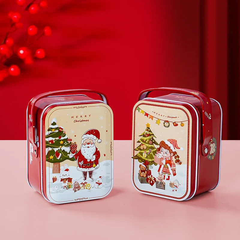 Christmas Tinplate Suitcase Candy Boxes With Handle Handheld Sweets Tins Portable Candies Holders Sugar Storage Container