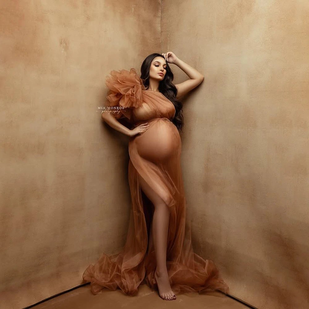 Boho Maternity Photoshoot Dress For Studio Sheer Tulle Single Shoulder Flowy Gown Pregnancy Dress Photography Props Baby Shower