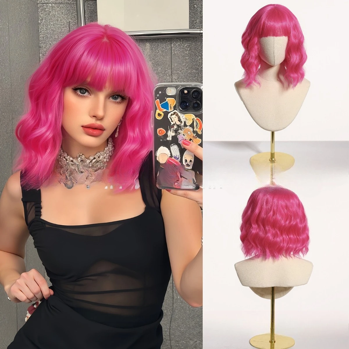 

Pink wig Qi bangs bobo short curly hair festive cos