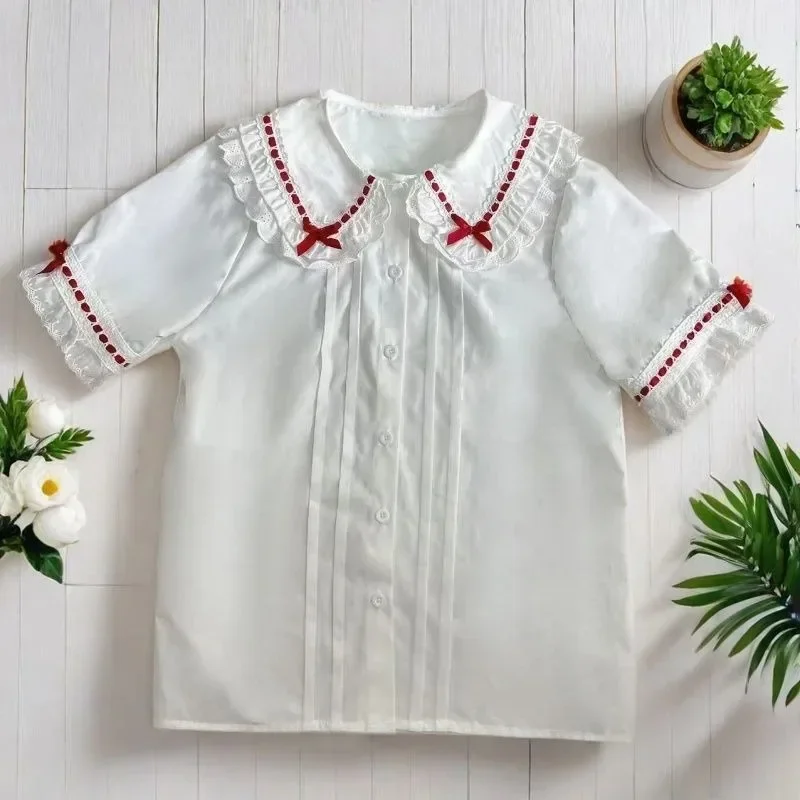 2025 Camisas De Mujer Japanese Women's Blouses Lolita Style Puff Sleeve Peter Pan Collar White Shirts Fashion Sweet Cute Tops