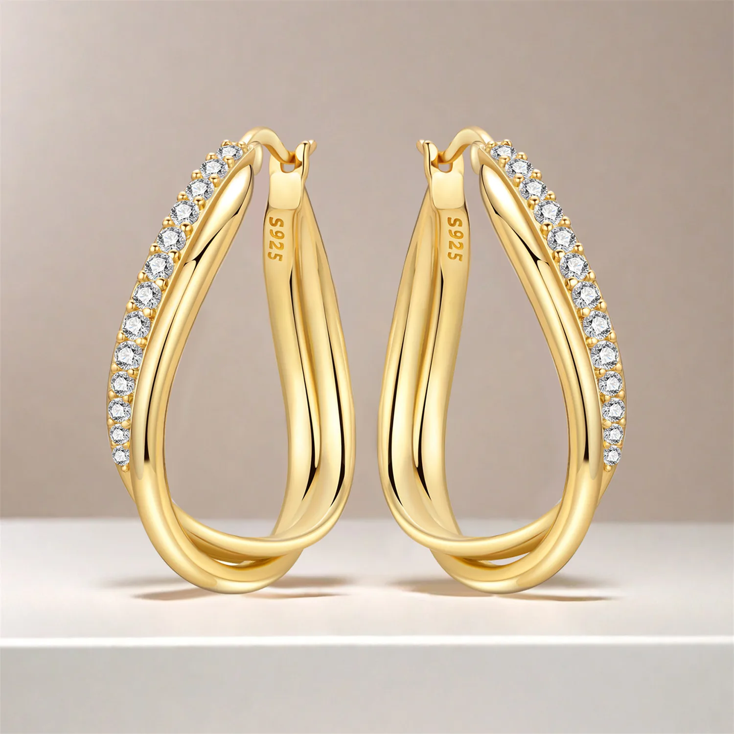 Orstarry S925 فضة مزدوجة الطبقات الذهبي الزركون أقراط تنوعا هوب أقراط للنساء مجوهرات هدايا الحفلات