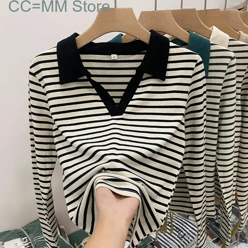 New Striped T Shirts for Women Fall Winter Turn Down Collar Slim Tee Shirts Office Ladies Long Sleeve Casual Tops