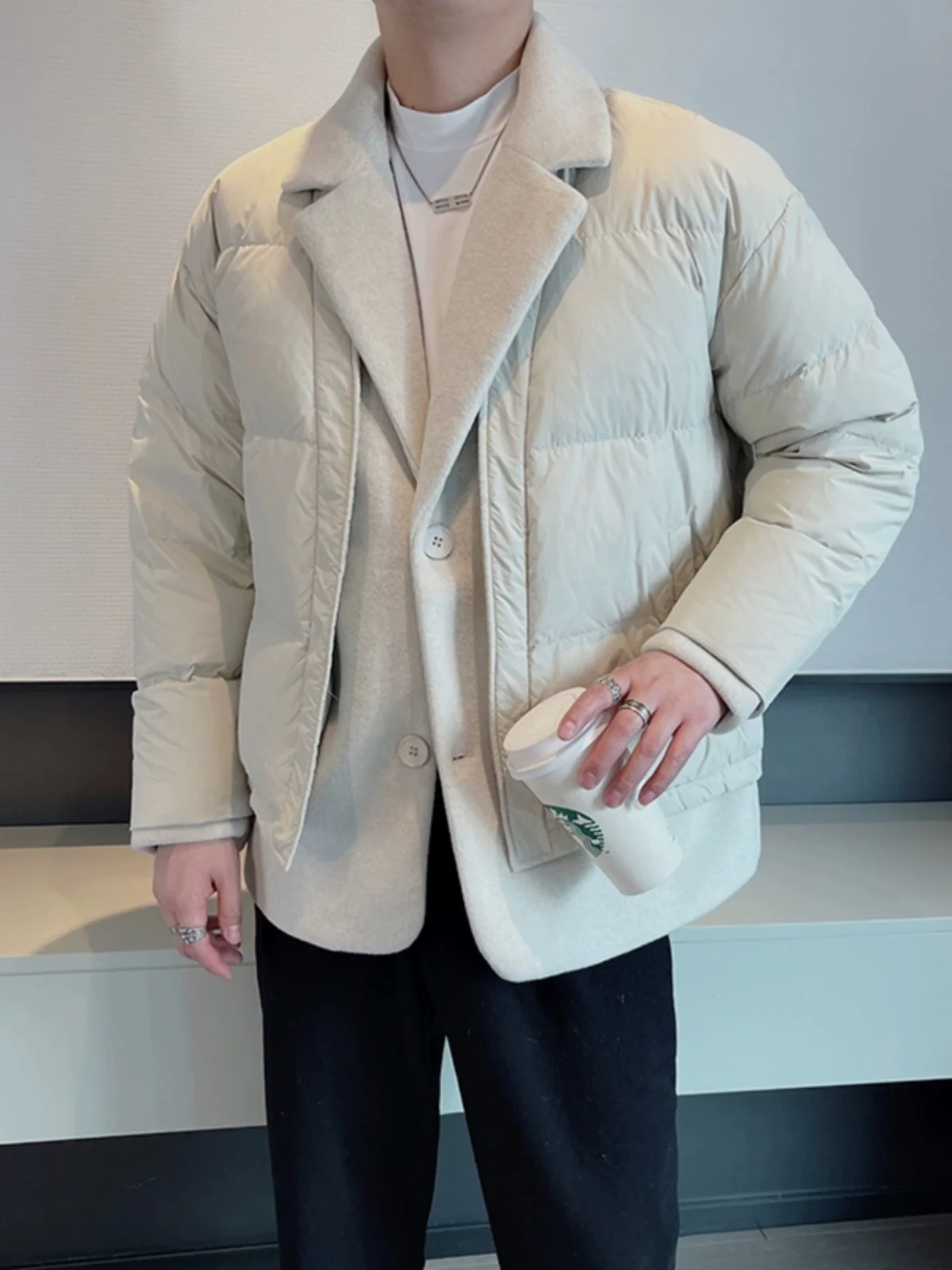 

Warm Cotton Jaet Men's Faionable Design Woolen Splicing Lightweight Maturi Sle Winter Outerwear Youth ular Thiened