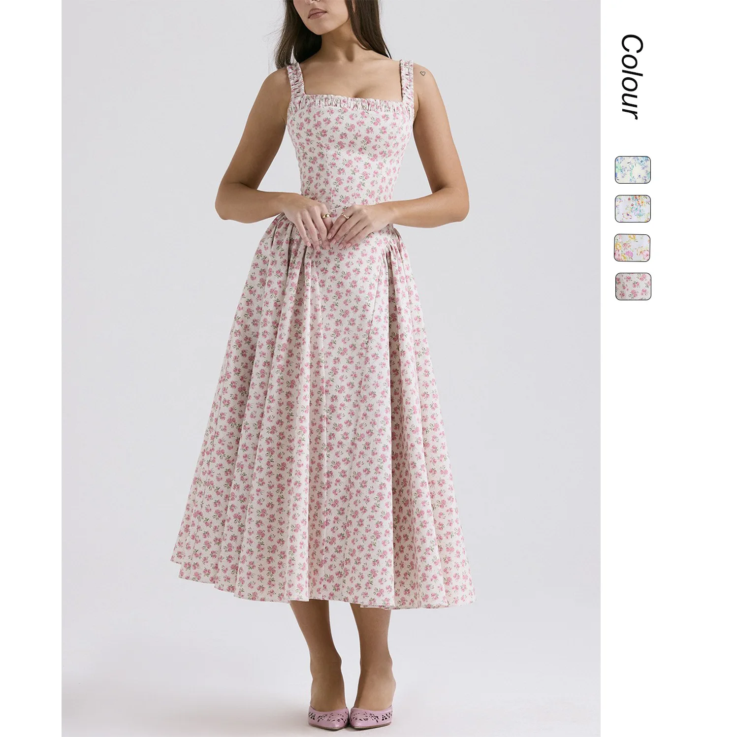 New 2026 Floral Bohemian Waist Backless Vacation Strap Dress Cleanfit Print mid Waist Polyester H Version for Middle-aged Women
