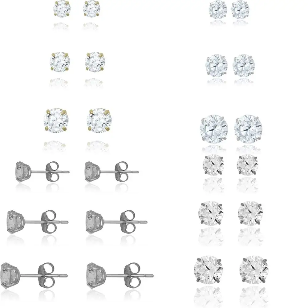 AVORA Juego de 3 pares de aretes con circonita cúbica y diamantes redondos de oro de 10 quilates - Oro amarillo o blanco