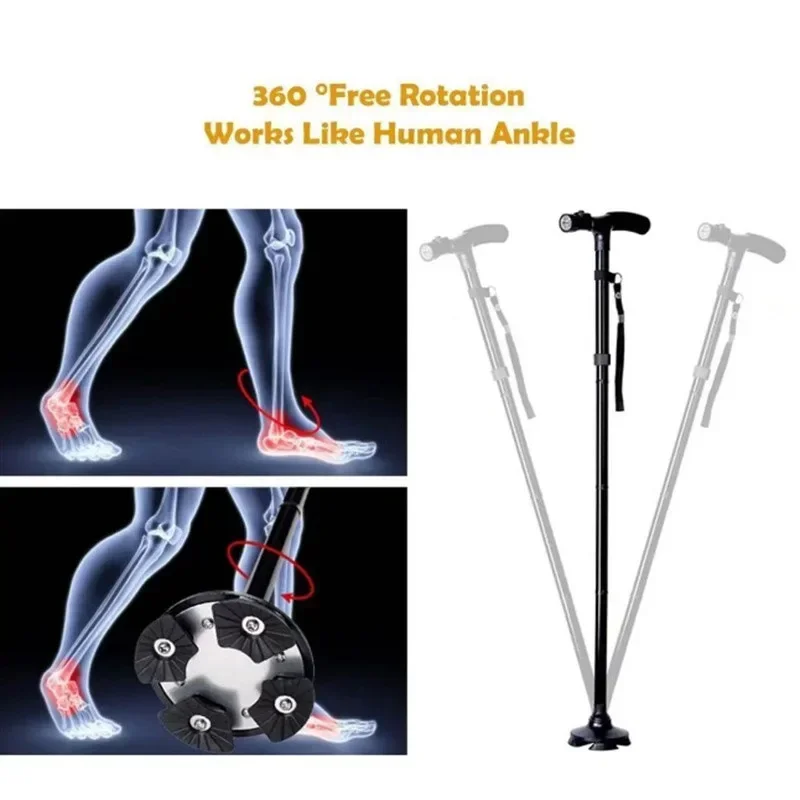 Height Adjustable Elderly Walking Stick with Voice Announcement LED Lights Lightweight Foldable Outdoor Walking and Camping Cane