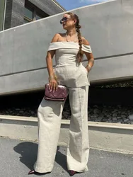 HH Women Elegant Solid Slim Back Zipper Side Slit Crop Design Slash Neck Top+High-Waisted Zip-up Loose Long Pant 2 Piece Set