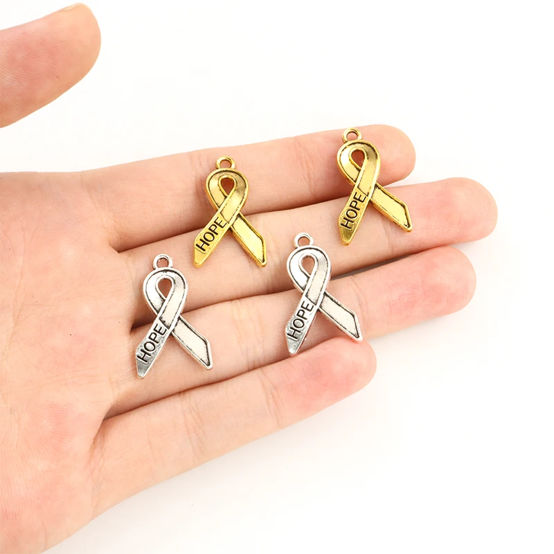 20pcs Breast Cancer Awareness Ribbon Charms Vintage Silver Gold Color Hope Pendants Making DIY Bracelets Handmade Jewelry Crafts