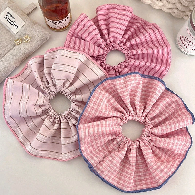 

2025 Pink Stripes Ruffles Hair Scrunchies Headbands for Women Girls Sweet Romance Hair Rope Tie Horsetail Rubber Band Headdress