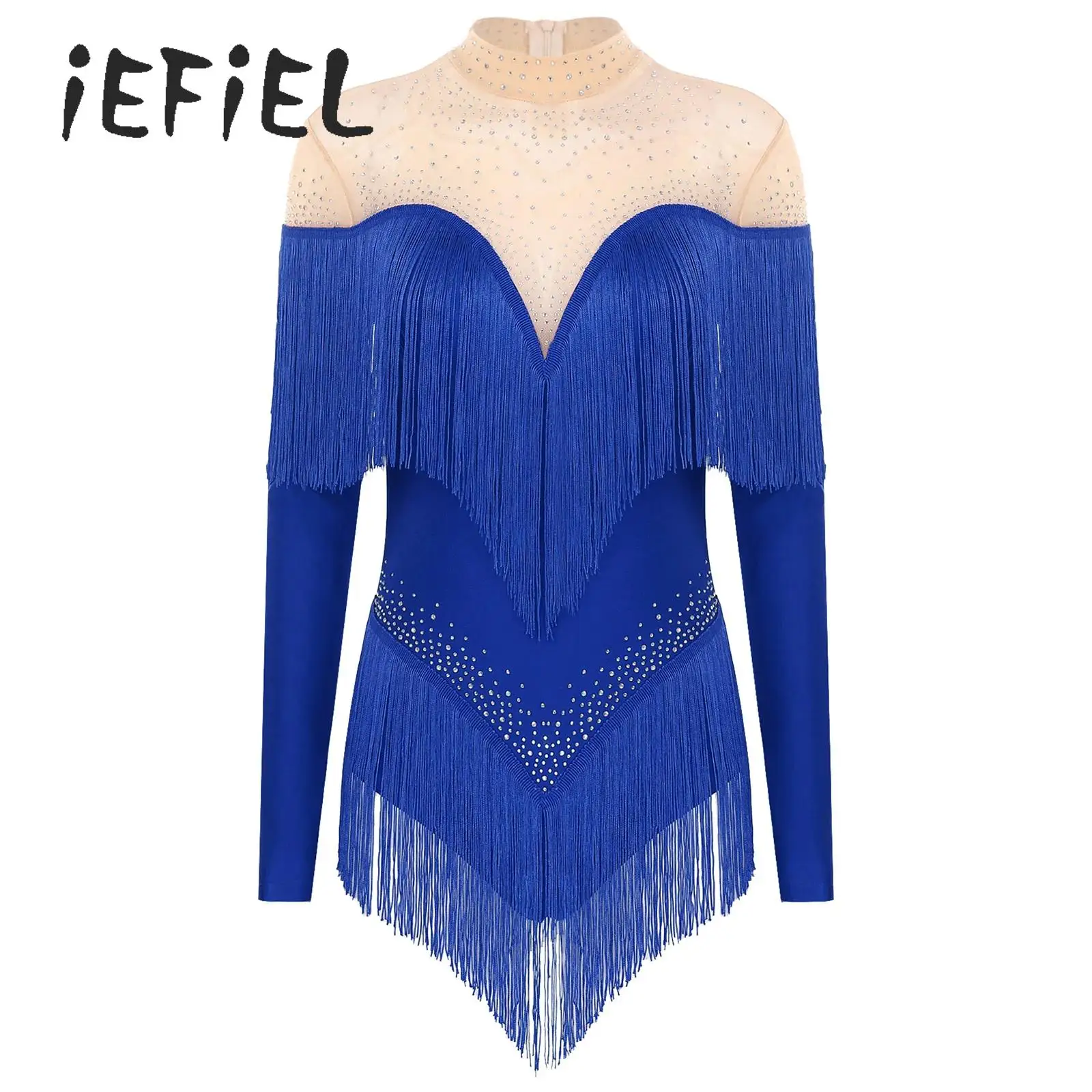 

Rhinestone Latin Dance Leotard Dress for Women Sheer Mesh Tassel Fringe Jazz Cha-cha Samba Tango One Piece Bodysuit Dancewear