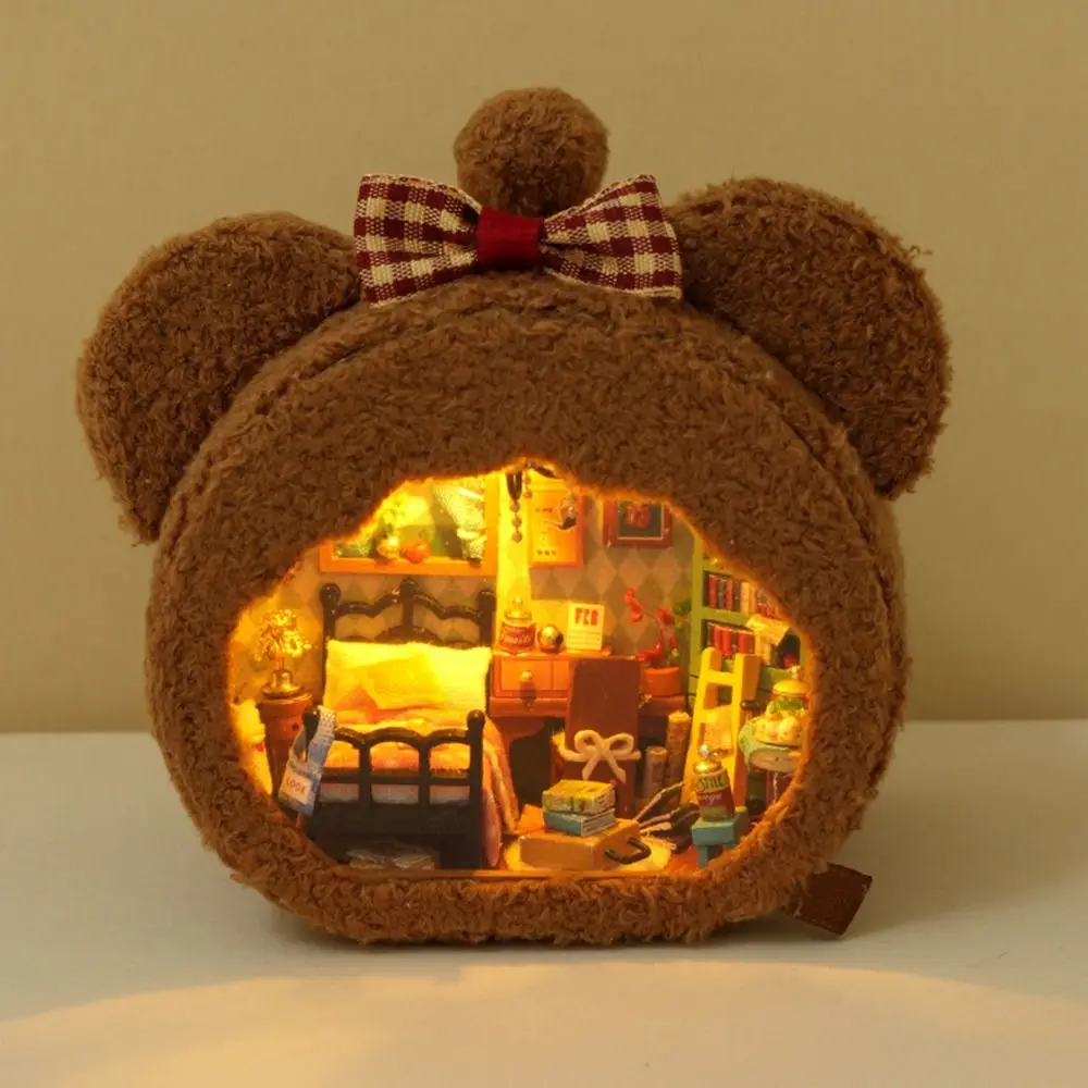 Mini maison de poupée en bois faite à la main, lampe LED, artisanat, Kit de fabrication de petite maison, peluche, lueur chaude, jouets de construction miniatures mignons