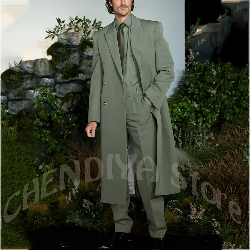 

Trendy Men's Long Coat Suit 2 Piece Set Elegant Double Breasted Regular Fit Blazer Pants Formal Business Wedding Groom Tuxedo