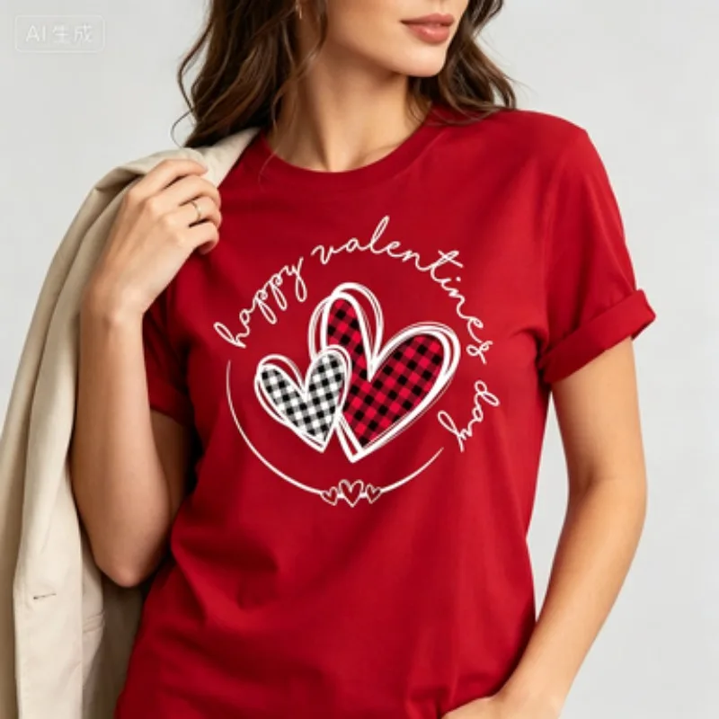 Soft  Cotton Top Retro Checkered Heart Pattern Happy Valentine Letter Print Warm Love Theme Comfort Short Sleeve Basic Tops
