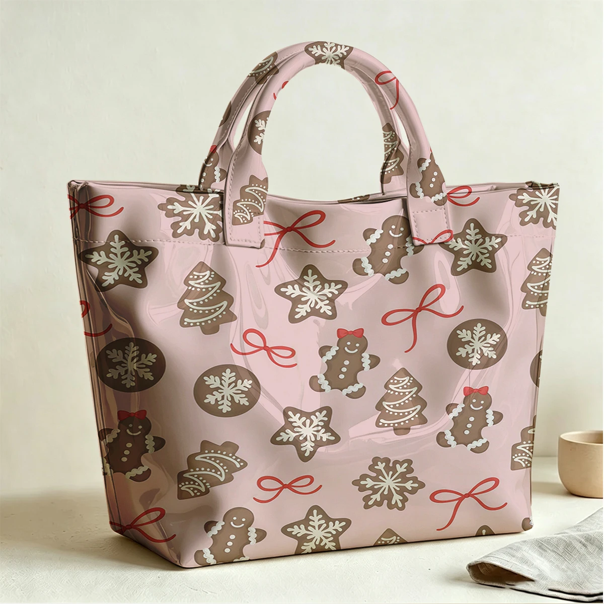 Sweet Christmas Large PVC Waterproof Capacity Canvas Shoulder Bag Dual Side Print Tote Bag Daily Shopping Bag Fashion Handbag
