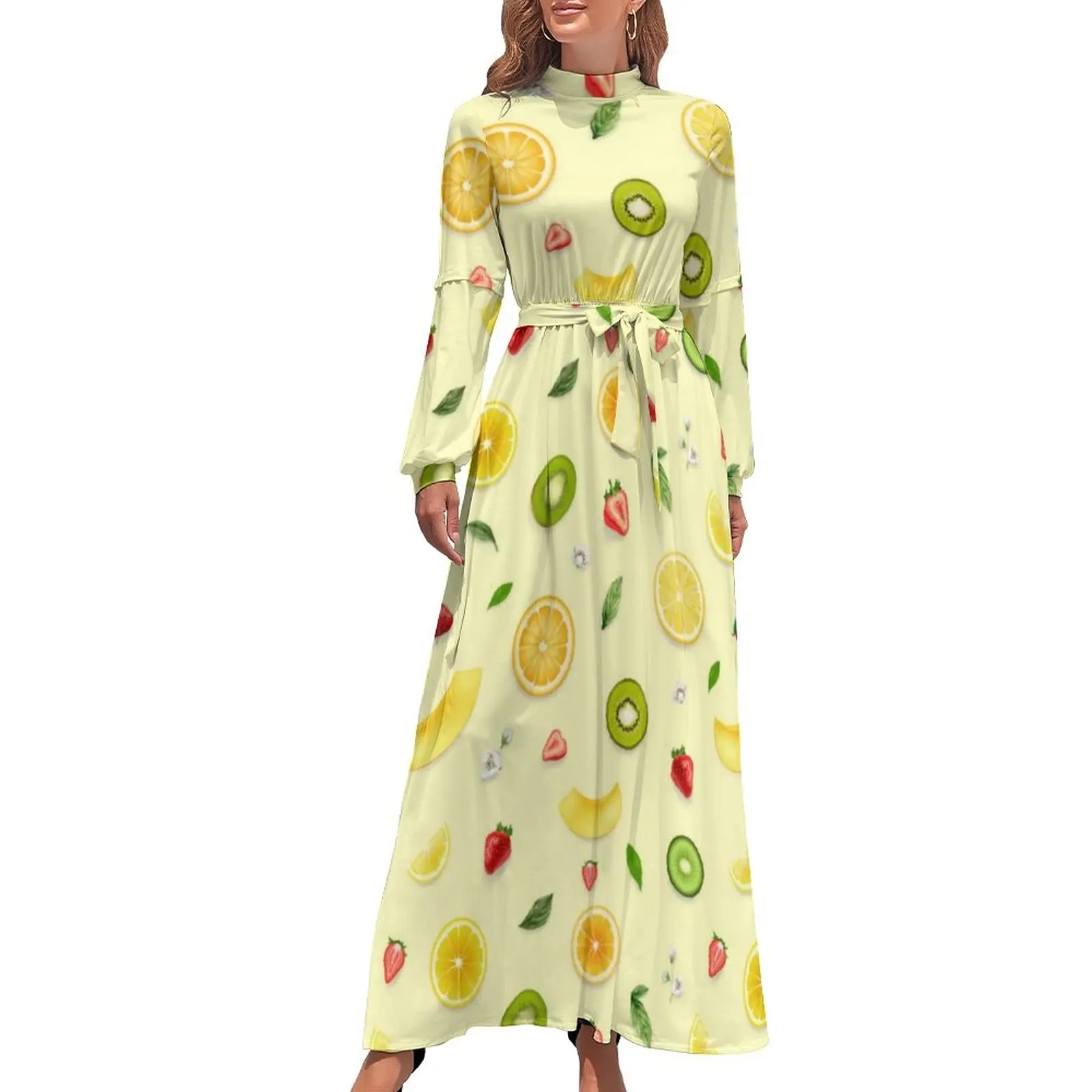 Lemon Print Dress High Waist Mixed Fruits Custom Bohemia Dresses Long Sleeve Korean Fashion Long Maxi Dress Elegant Clothing