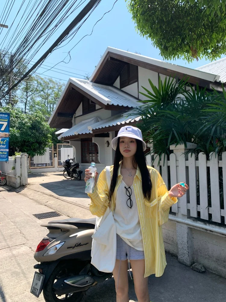 

Kumikumi Lazy Style Women's Long Sleeve Striped Shirt And Vest Two-Piece Set Summer Slimming Inner Wear High Waist General Fit