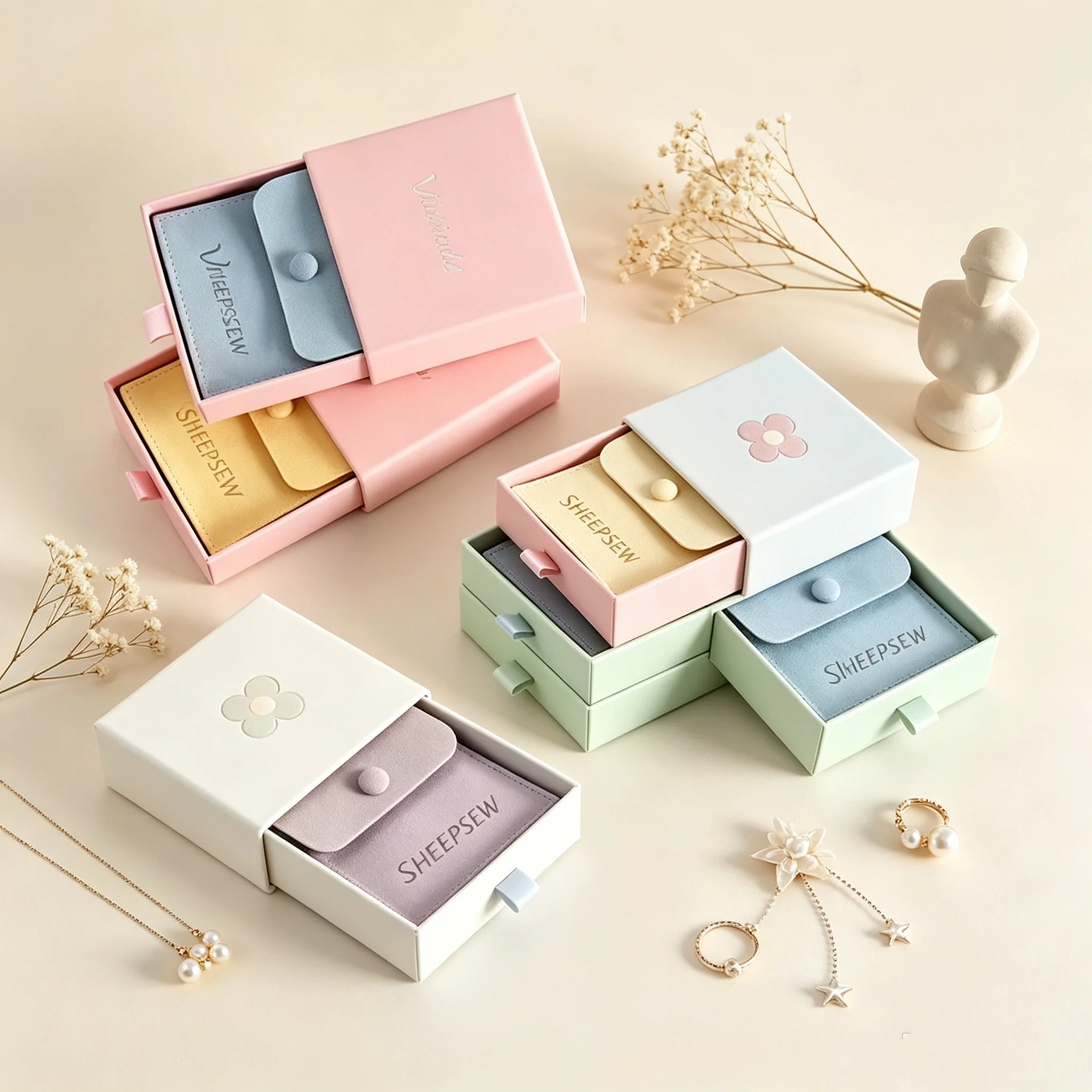 SHEEPSEW Wholesale Custom Logo 7x7x1.7cm Paper Drawer Jewelry Boxes With 6x6cm Snap Bag Pouch For Brooch Key Ring Necklacackagin