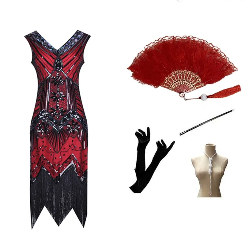 Retro 920s Gatsby Dance Par Evening Dr Doble V-ne Lentejuelas Borla Dr Mujer Faion Colección Primavera Poliéster