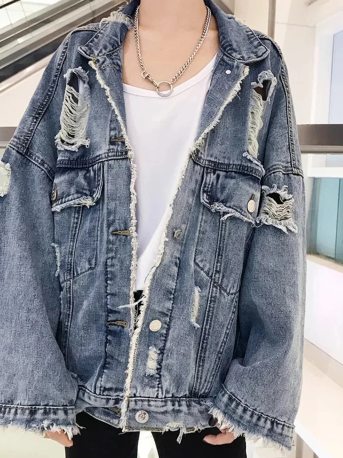 

Trendy Hong Kong Sle Men's Denim Jaet with Hole Design Student Jaet for Autumn Season Casual Versatile Ins Top