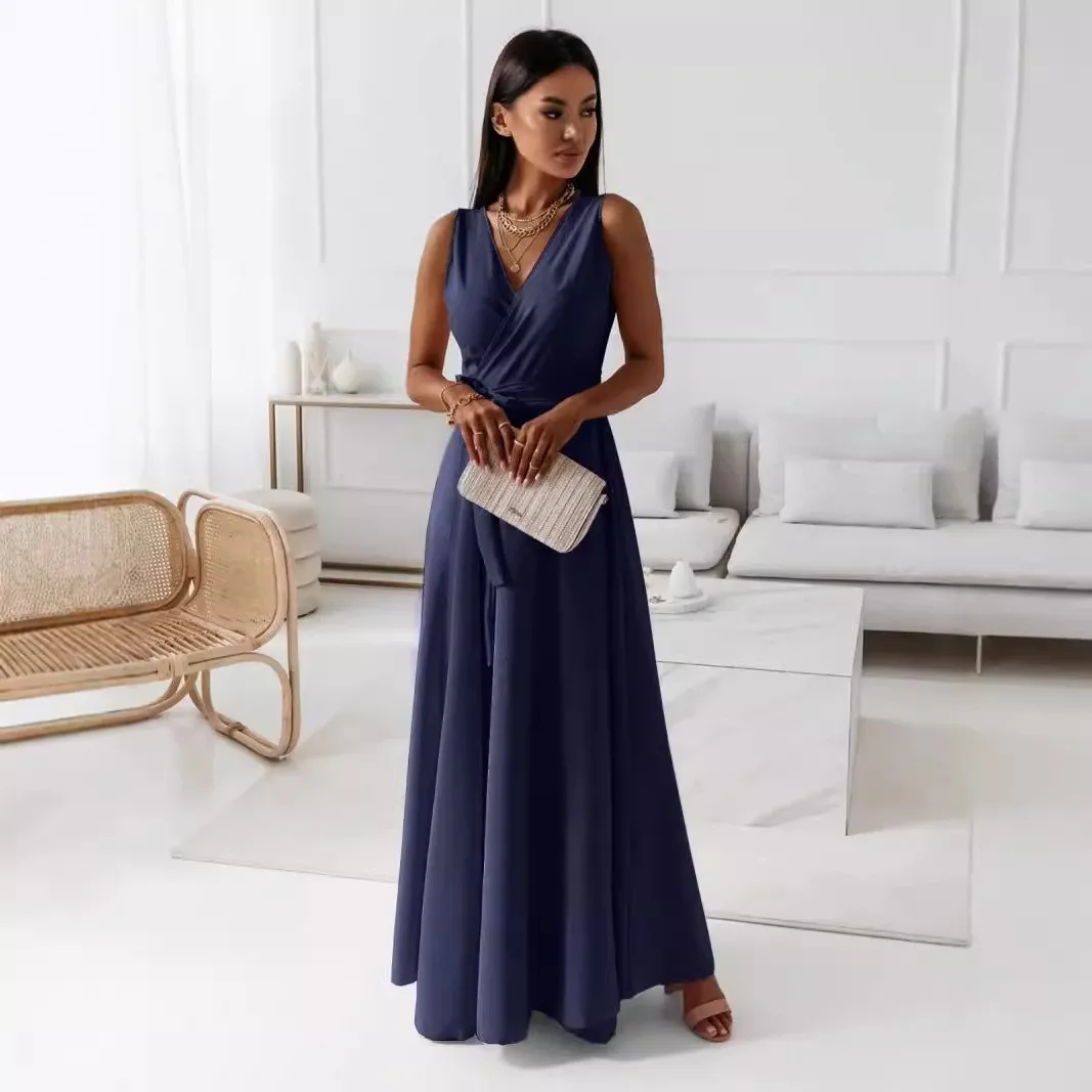 Elegant A Line V Neck Sleeveless High Waist Tie Maxi Dress for Wedding Guest Summer Party Prom Wedding Party Evening Wrap