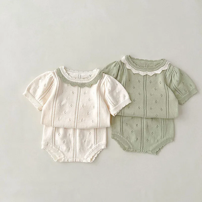 2026 Spring Summer Knitted Toddler Newborn Baby Clothing Set Cotton Hollow Out Knit Tee and Shorts 2 Pcs Girls Bloomer Suit